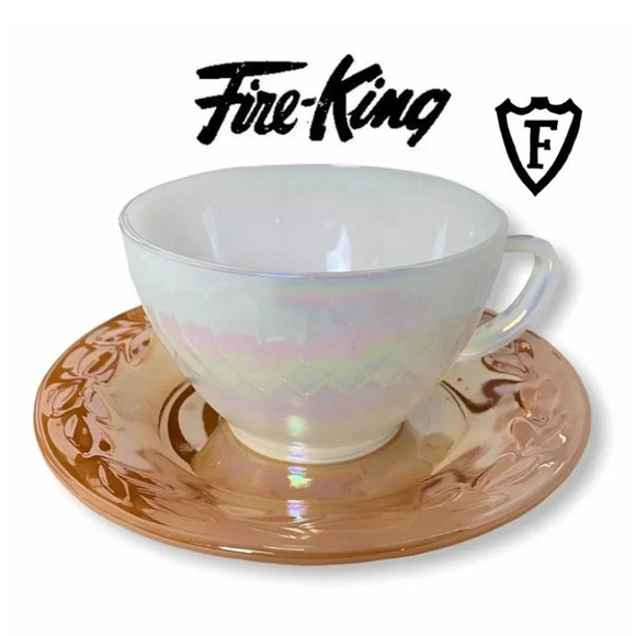 Fire King  Peach Lustre Saucer & Federal Glass Moonglow Tea Cup - Picture 1 of 9